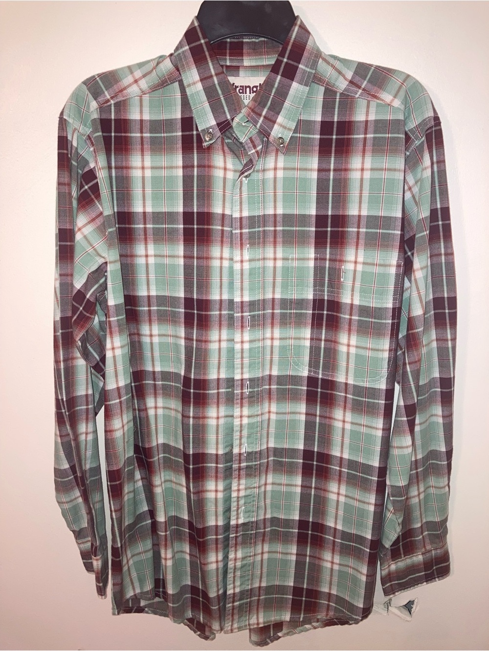 Wrangler Mint Green and Burgundy Plaid Button-Down Shirt